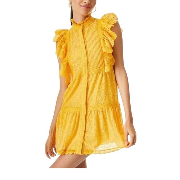 Alice + Olivia Pimmy Yellow Broderie Anglaise Shift Dress Size 4 Short Sleeve - Picture 1 of 7